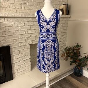 INC International Concepts Royal Blue &White V-Neck Lace-Print Midi Dress SizeXS